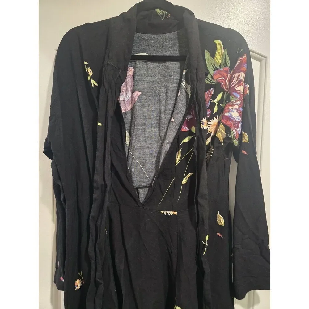 Free People Gemma Black Embroidered Floral Tie Open Back Tunic/Mini Dress Sz S‎
